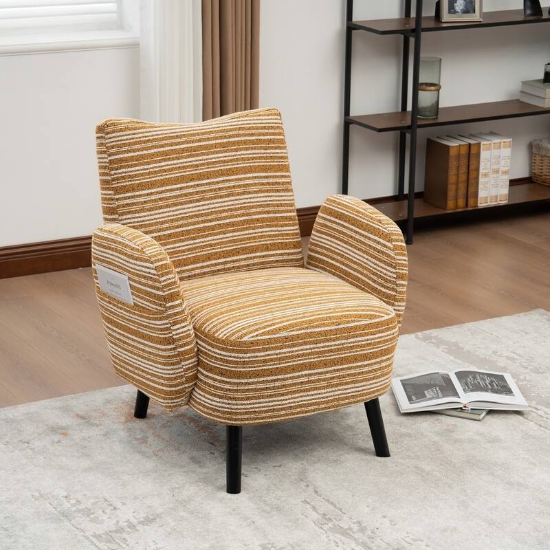 HOMEFUN Boucle Upholstered Stripes Comfortable Wood Frame Single Armchair with Side Pocket - Mustard Yellow