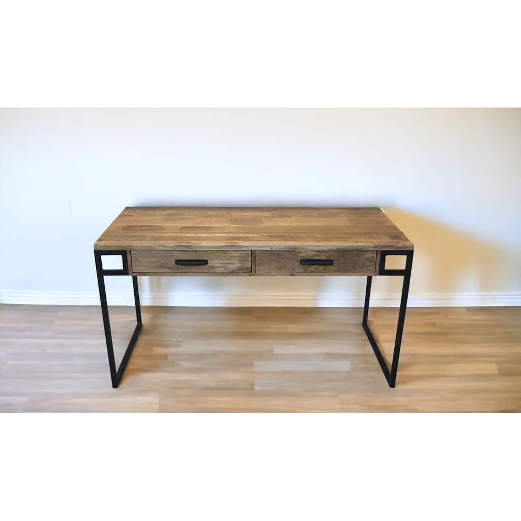 60" Natural And Black Mango Solid Wood Writing Desk With Two Drawers