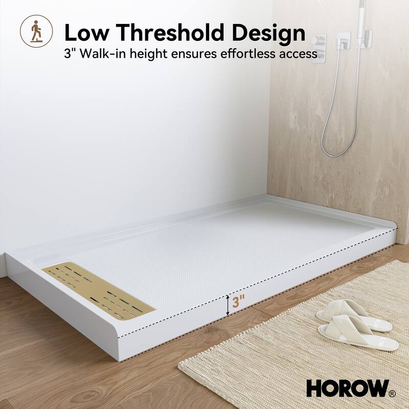 HOROW 60 x 32 Inch Alcove Shower Pan Base in White with Left Drain - Left Drain Location