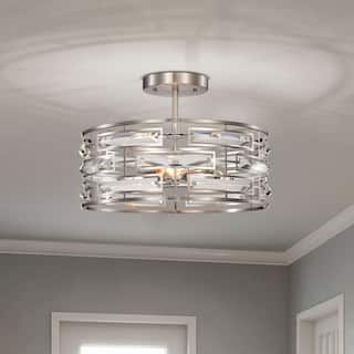 Anita Satin Nickel 3-Light Drum Shade Clear Glass Prism Flush Mount - 17.2 inches in diameter x 11.3 inches H