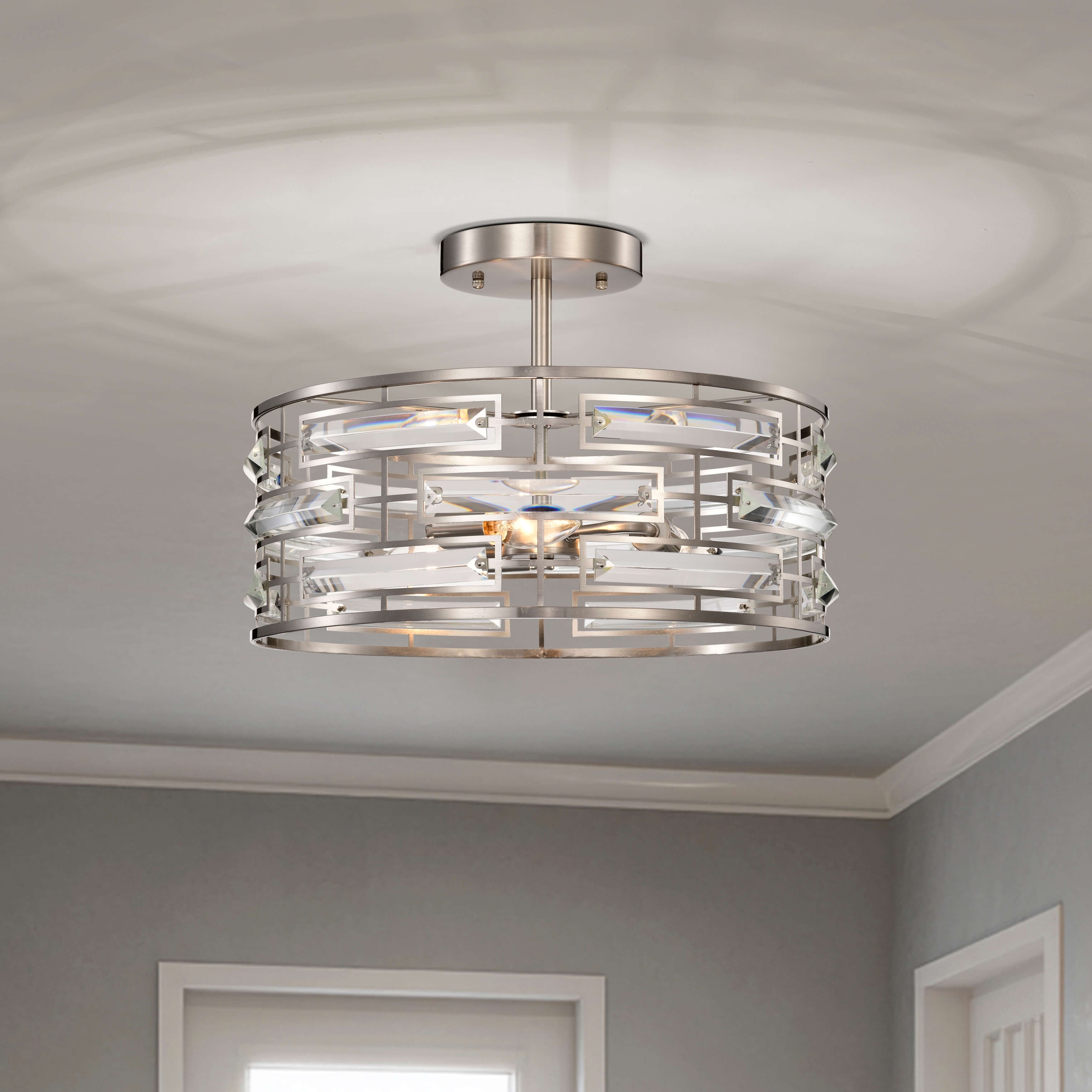 Anita Satin Nickel 3-Light Drum Shade Clear Glass Prism Flush Mount - 17.2 inches in diameter x 11.3 inches H