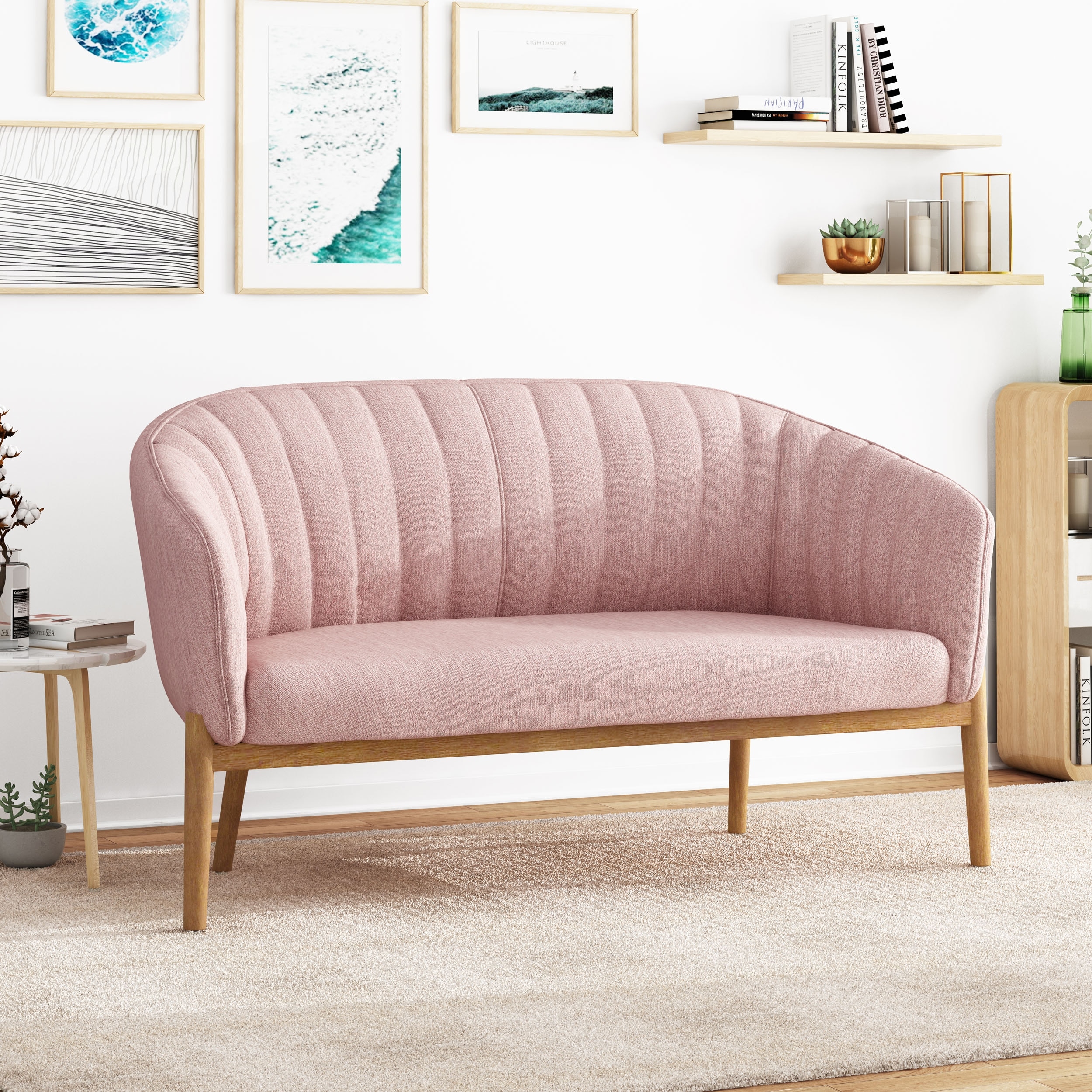 Mid-Century Loveseat, Channel Tufted Back, Curved Backrest, Tapered Rubber Wood Legs