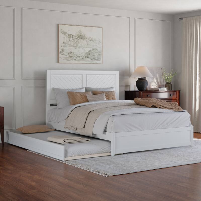 Clayton Platform Bed with Panel Footboard and Twin XL Trundle - White - Queen