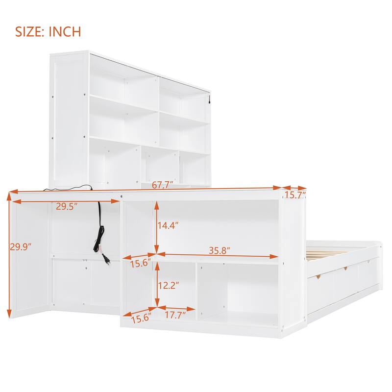 Full Size Wooden Daybed with Built In Desk, Charging Station, Versatile LED Platform Sofa Bed Frame