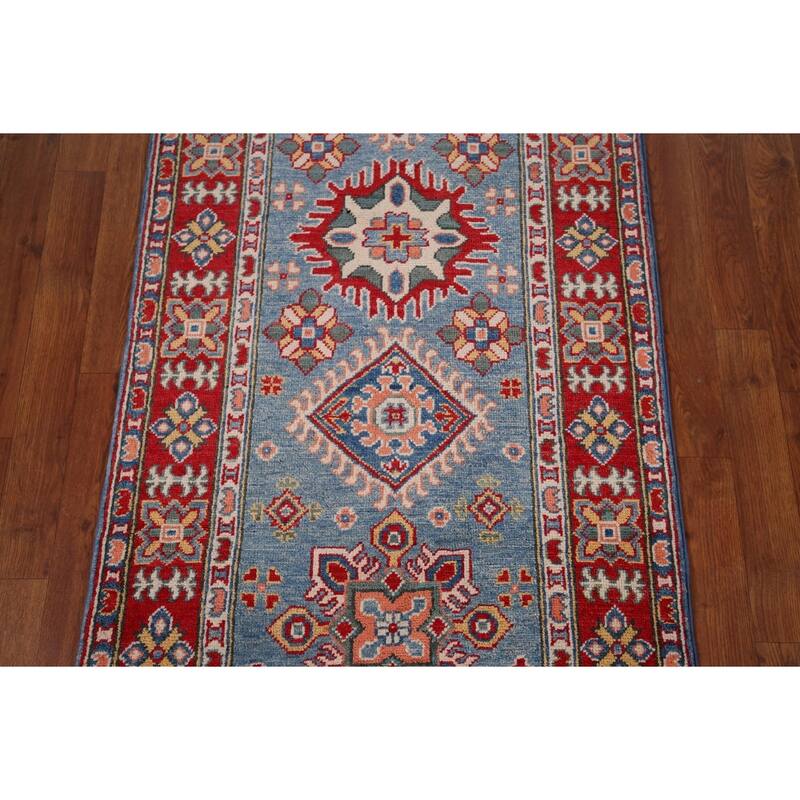 Blue Geometric Kazak Oriental Runner Rug Handmade Wool Carpet - 2'8" x 9'9"