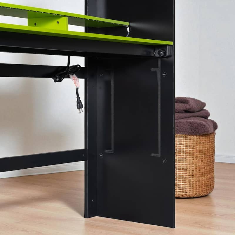 Full Size Wooden Bunk Bed with Adjustable Desk, Wardrobe Storage, USB & RGB Gaming Lights