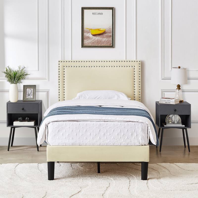 VECELO 3-Pieces Upholstered Platform Bed Frame with Adjustable Headboard and Nightstands Set of 2, Beige - Grey - Twin