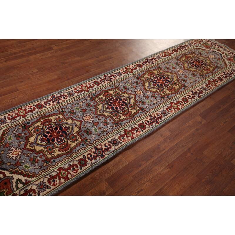 Geometric Gray Heriz Serapi Indian Runner Rug Hand-Knotted Wool Carpet - 2'6"x 9'10"