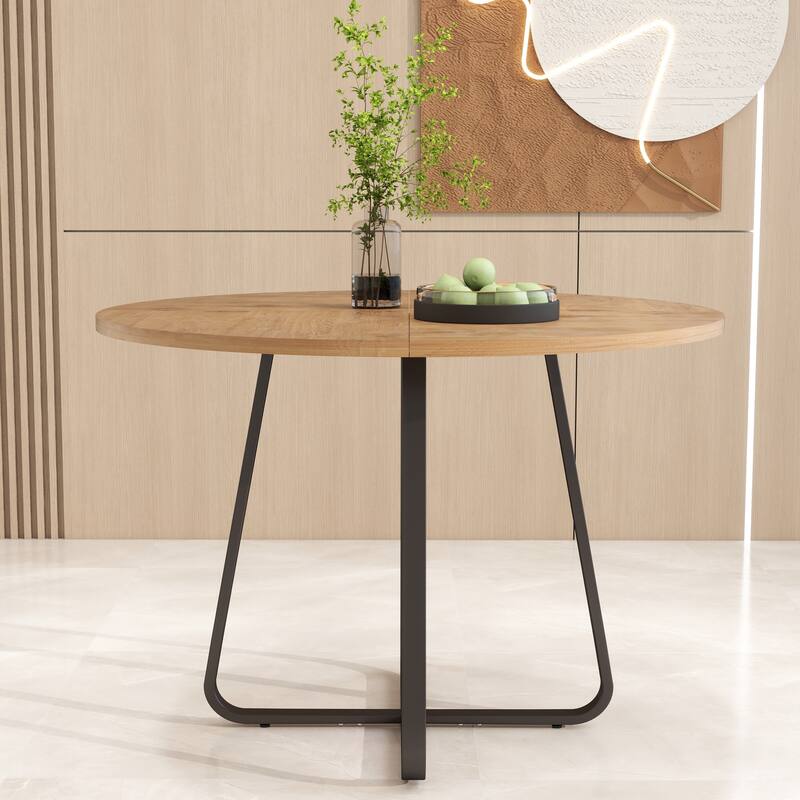 43.3" Round Dining Table for 4-6 People, MDF Wood Tabletop with Metal Legs, Modern Kitchen Table with X-Shaped Base