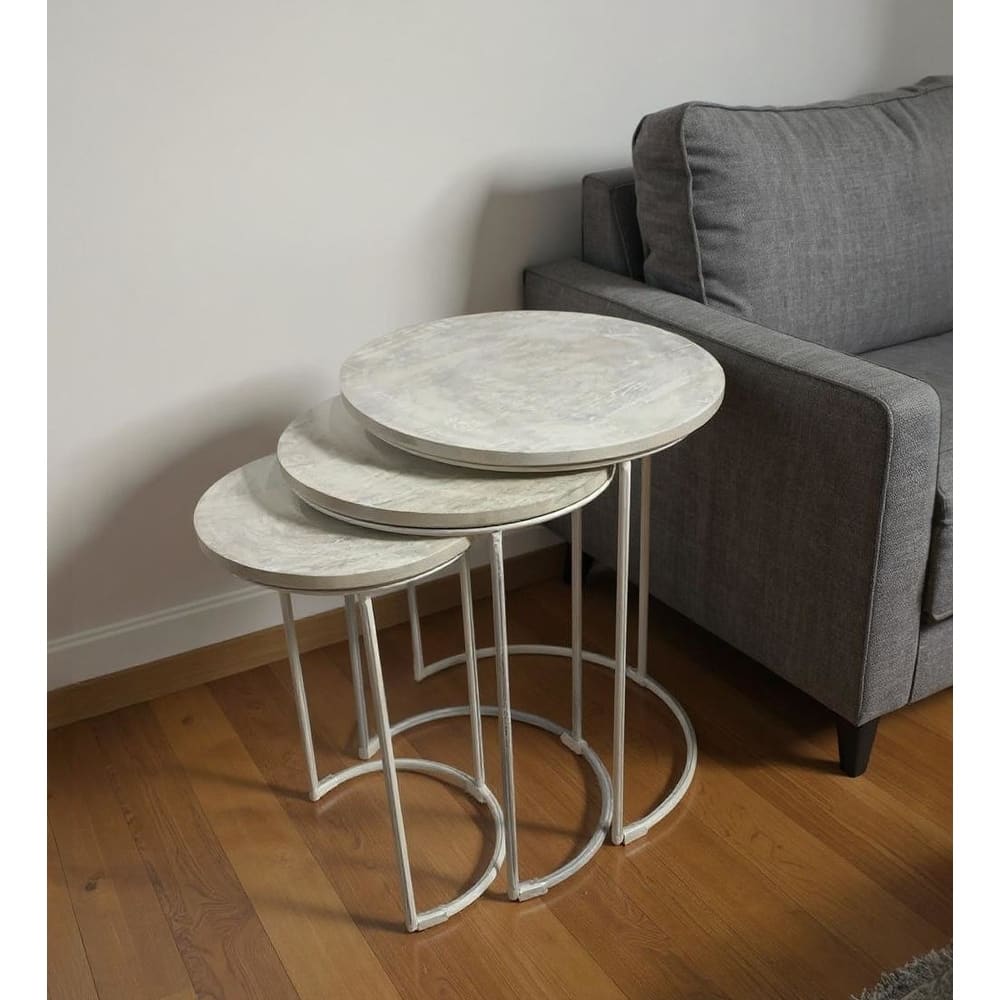 HomeRoots Set of Two White Solid Wood and Metal Round Frame Nested Tables - 17.5 in. x 25 in. x 17.5 in.