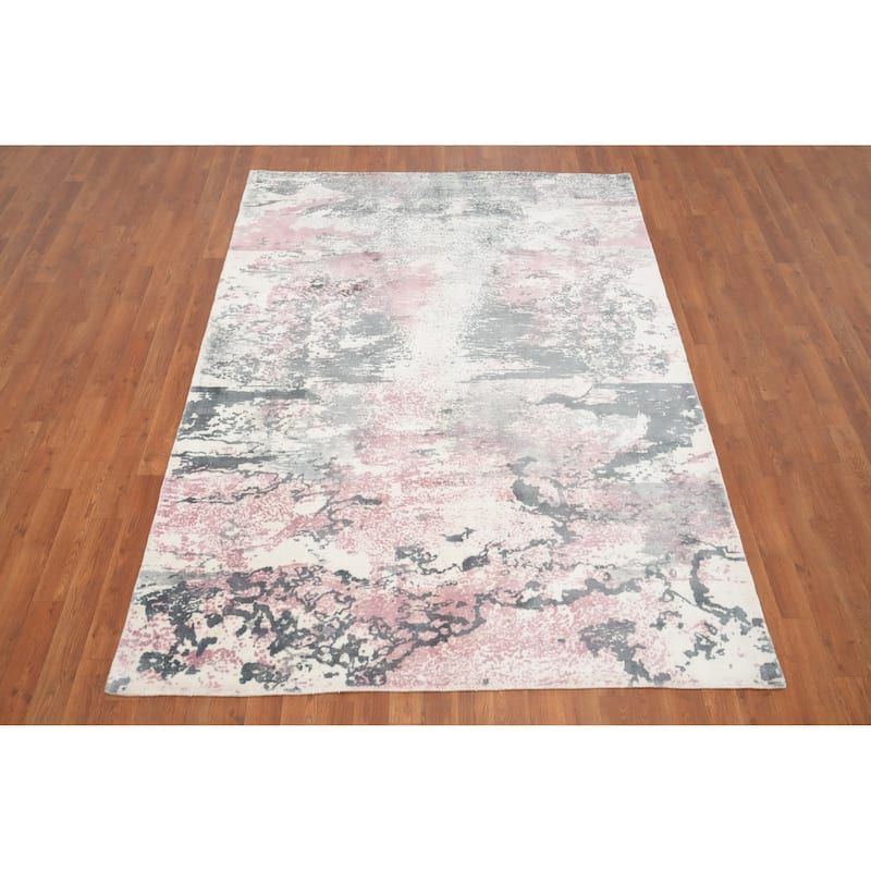 Hand Knotted Oriental Viscose Silk Carpet Modern Pictorial Multi-Colored Abstract Area Rug - 7' 2'' X 5' 4''
