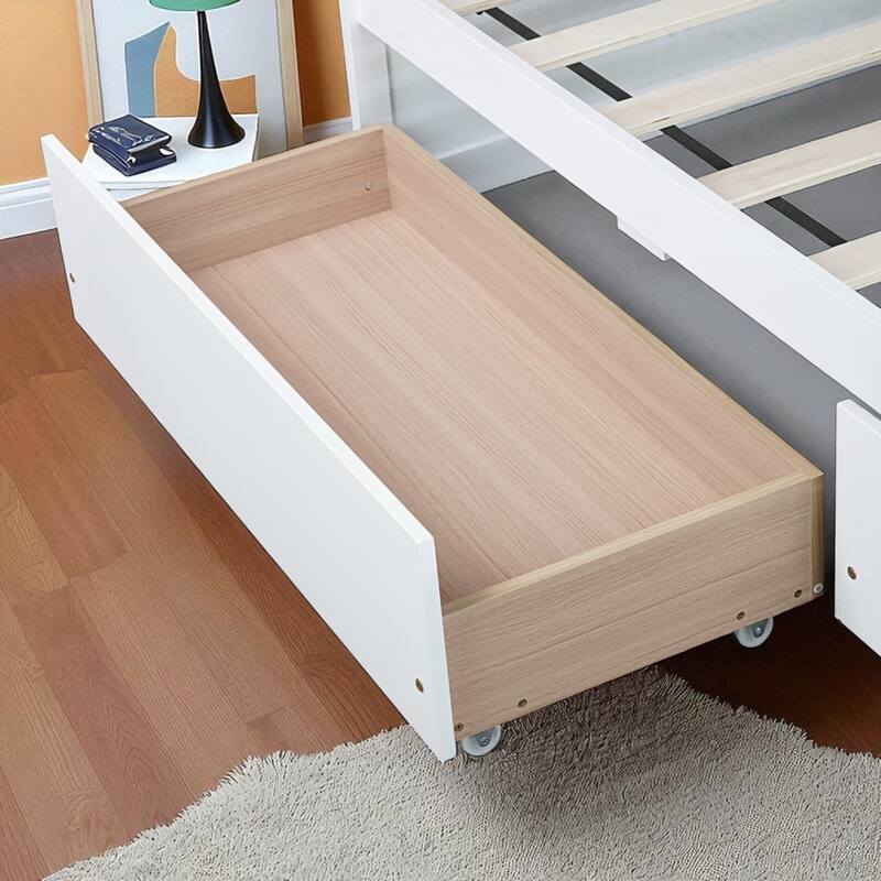 Twin Bed with Storage Drawers, Solid Rubberwood Platform, 10 Slats, No Box Spring Needed, Kids & Guest Room, 76.6"x41.6"