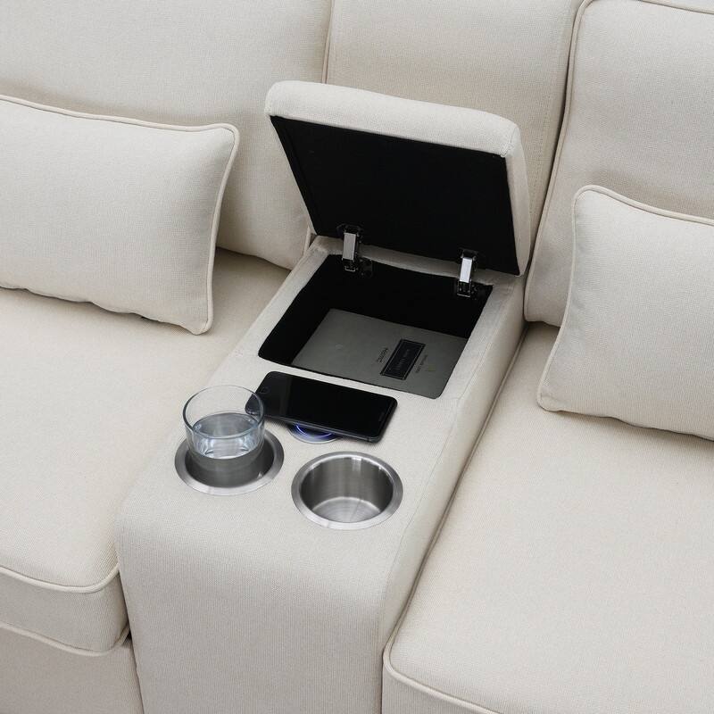 114.2" Modern Linen Fabric Sectional Sofa with Central Console, 2 Cupholders and Charging Station,4 Pillows