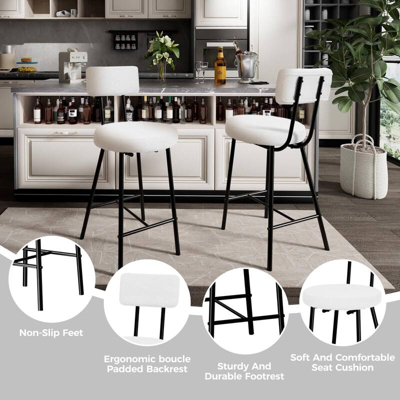 Boucle Upholstered Bar Stools Set of 2, Modern Counter Height Bar Chairs with High Back, Footrest and Metal Leg