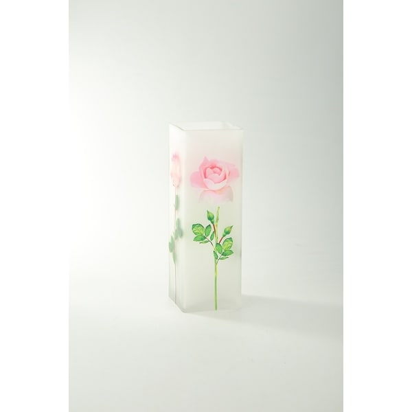 11" Clear Garden Roses Printed Square Flower Hand Blown Glass Vase - N/A