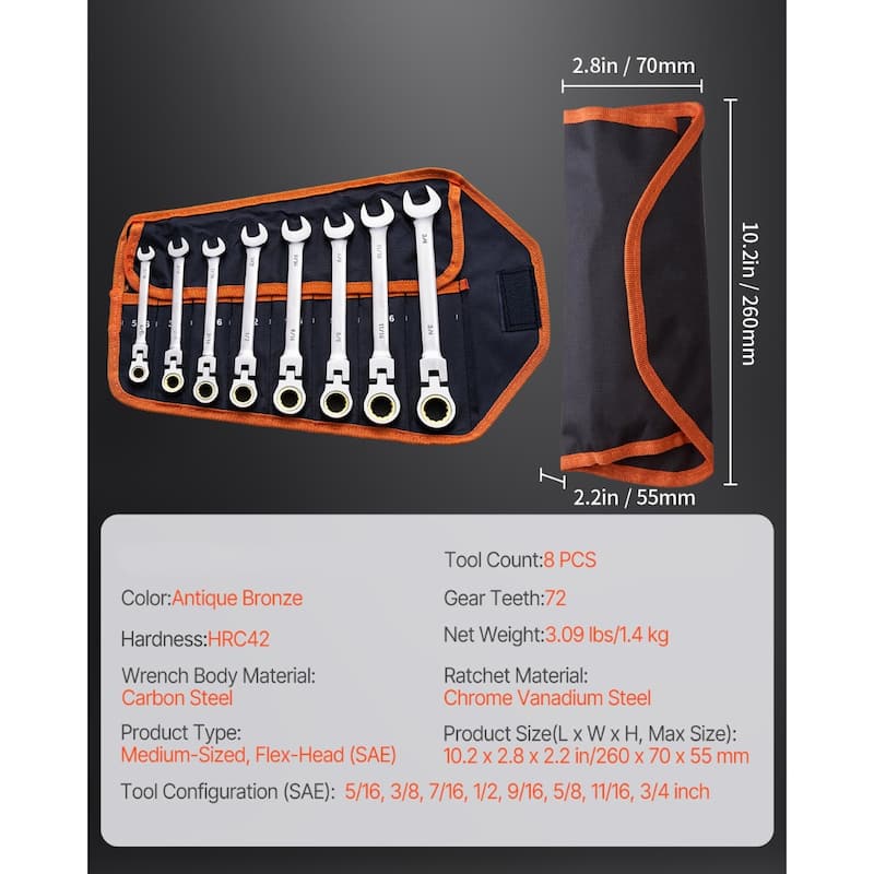 8 Pieces Carbon Steel SAE Flex-Head Wrench Set with 72-Tooth Ratchet Ideal for DIY Projects or Household Repairs