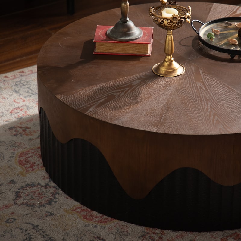 38.97" Round Coffee Table Handcrafted Relief Sturdy Pedestal Wooden Tea Table for Living Room no need to Assemble