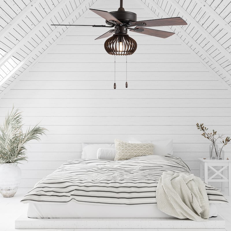 Leigh River of Goods Brown Oil-Rubbed Bronze and Wood Caged Ceiling Fan with Light - 42" x 42" x 15"/20"