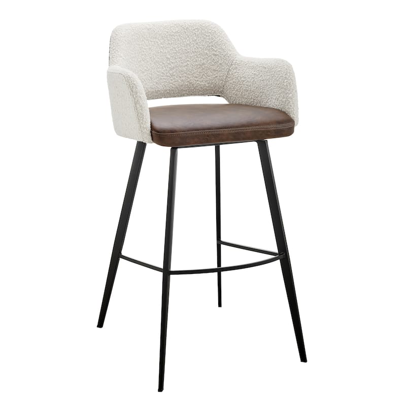 HomeRoots 30" Ivory Brown And Black Boucle Faux Leather And Steel Bar Height Swivel Bar Chair