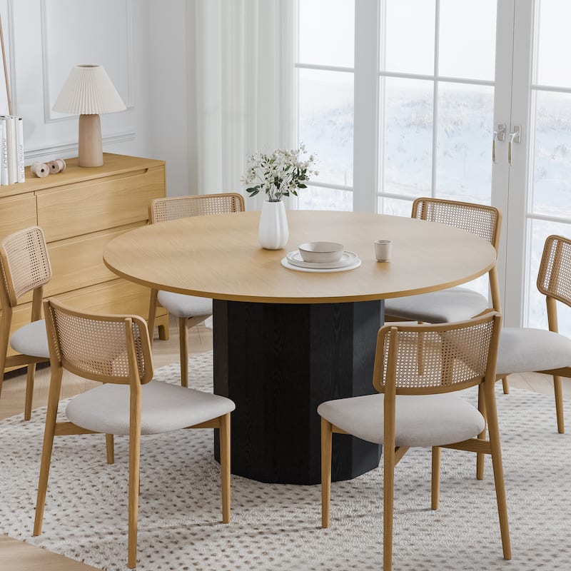 Solid Wood Round Dining Table Kitchen Table for 4-6 with Tabletop and Cylindrical Base for Living/Dining Room Coffee Office - Natural+Black - 52 in.W x 30 in.H