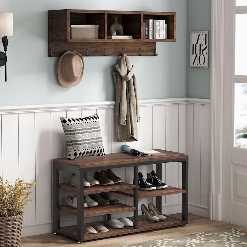 Hall Tree with Bench, Shoe Storage, Shelves and Coat Rack - Rustic Brown