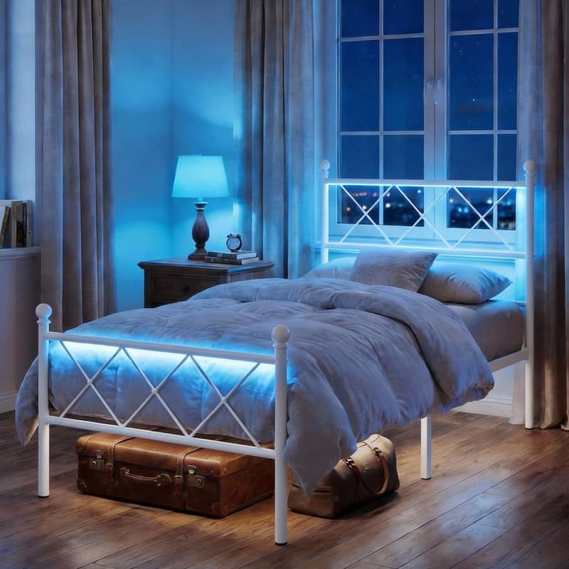 Full Size Metal Platform Bed with RGB LED Lights,Charging Station,Heavy Duty,Remote and App Control,Under Bed Storage