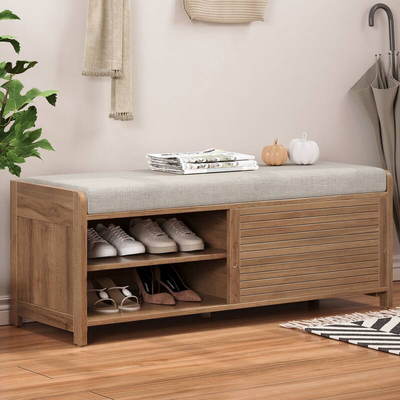 Distressed Shutter Storage Bench with Acacia Veneer