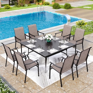 MAISON ARTS 9-Piece Patio Dining Set, 60 Inch Square Metal Table and 8 Textilene Fabric Padded Armchairs