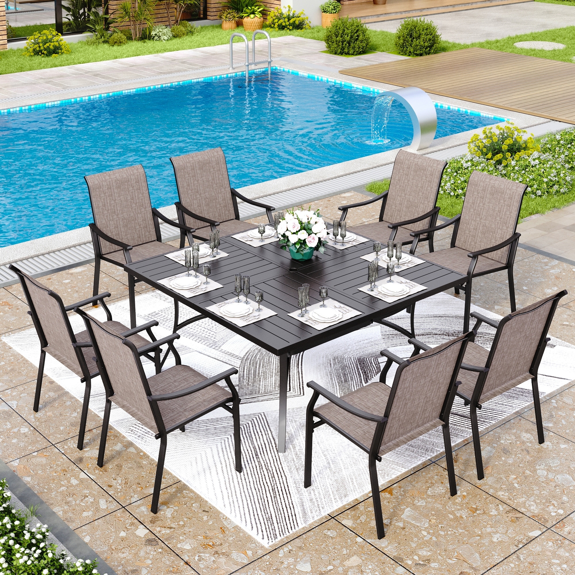 MAISON ARTS 9 Pieces Patio Dining Set, Large Square Metal Table and 8 Textilene Fabric Padded Armchairs