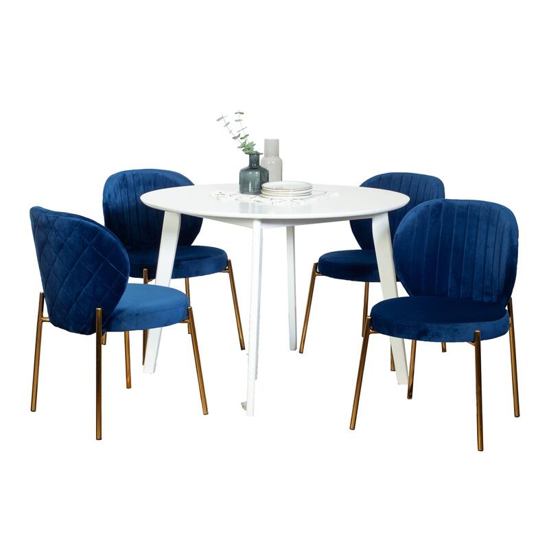 Casual Dining Table Set Blue Cafet Dining Table Set Round Dining Table Set with 4 Upholstered Chairs and Rubberwood Table Legs