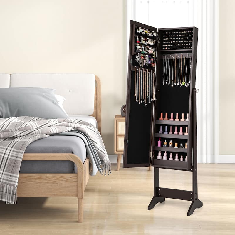 Gymax Jewelry Mirrored Cabinet Armoire Organizer Storage Box w/ Stand