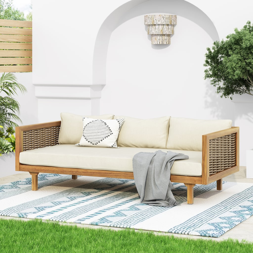 Acacia Wood Daybed with Rattan Arms Slat Paneling and Water Resistant Cushions