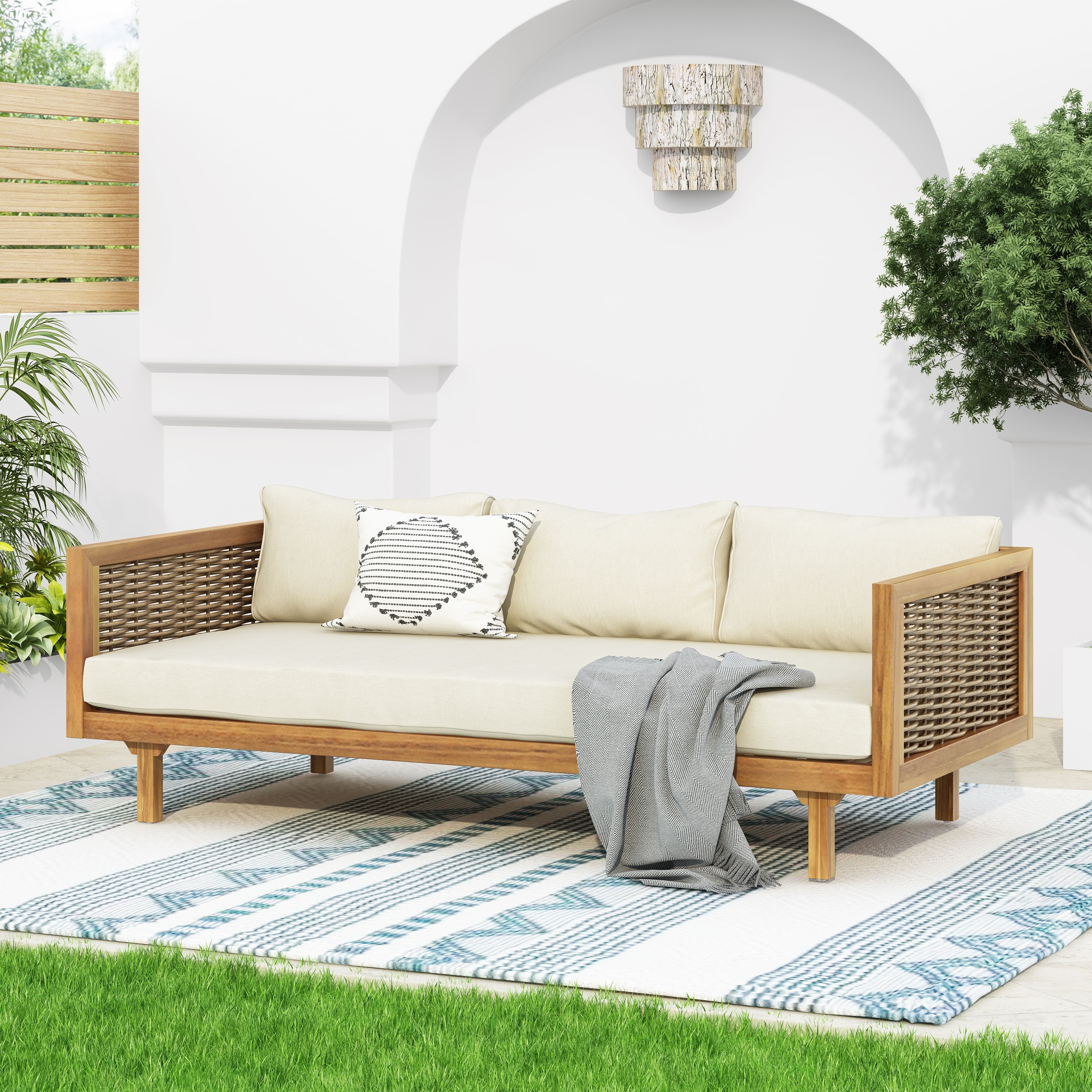 Acacia Wood Daybed with Rattan Arms Slat Paneling and Water Resistant Cushions