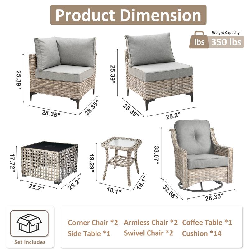 OVIOS 8 Pieces Outdoor Wicker Swivel Chair Set With Solar-Powered Coffee Table