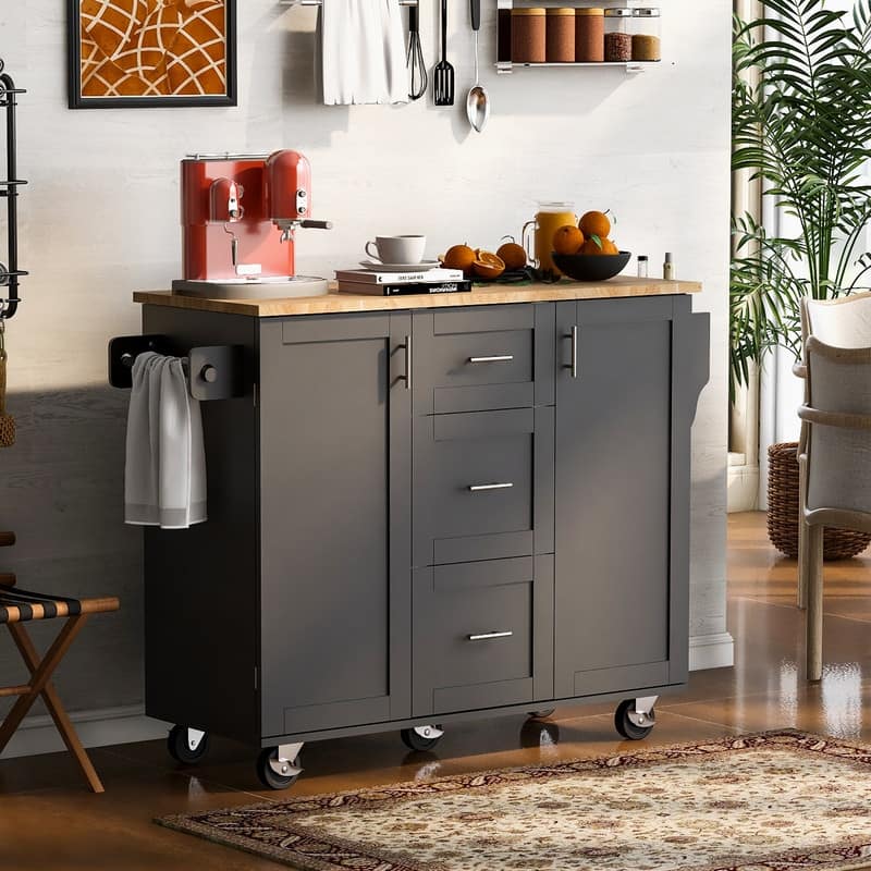 Rolling Kitchen Island with Storage, Rubber Wood Top, 3 Drawer