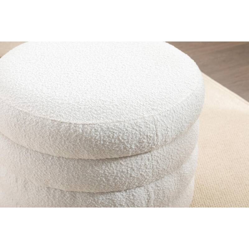 Boucle Fabric Storage Ottoman Footstool with Wooden Shelving