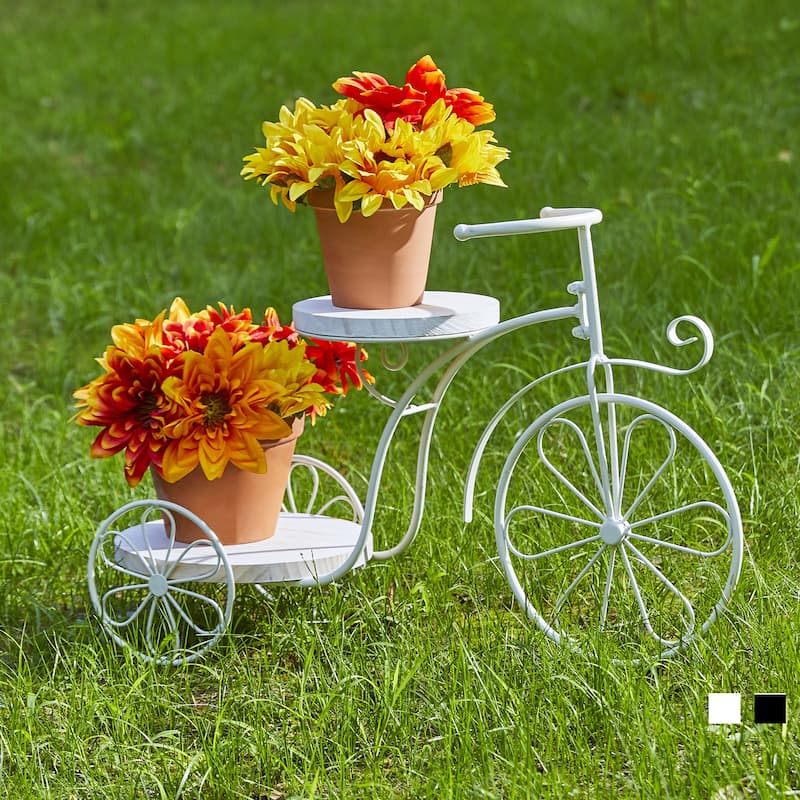 Glitzhome 24"L Spring Metal Tricycle Planter Stands Flower Pot Cart with Wood Trays