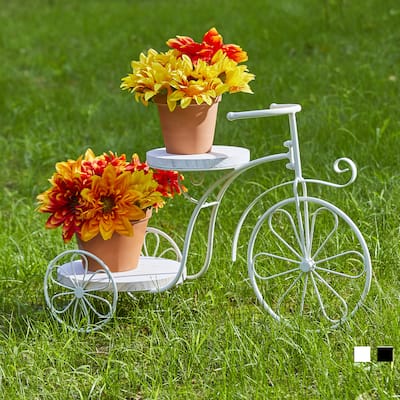 Glitzhome 24"L Spring Metal Tricycle Planter Stands Flower Pot Cart with Wood Trays