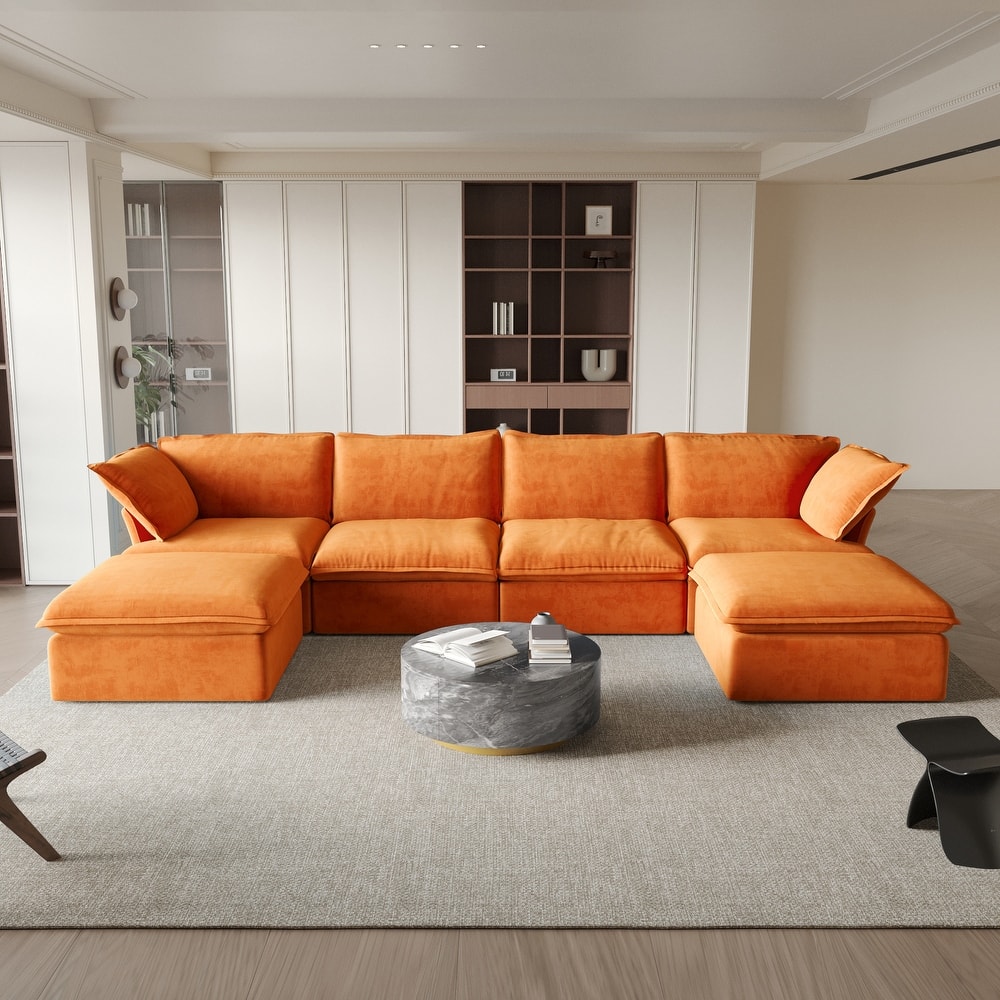 6 Piece U-shaped Velvet Upholstery Modular Sectional Sofa with 2 Ottoman
