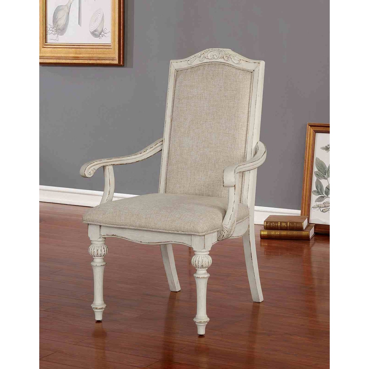 Rustic Antique White Finish Upholstered Seat Arm Chairs Set