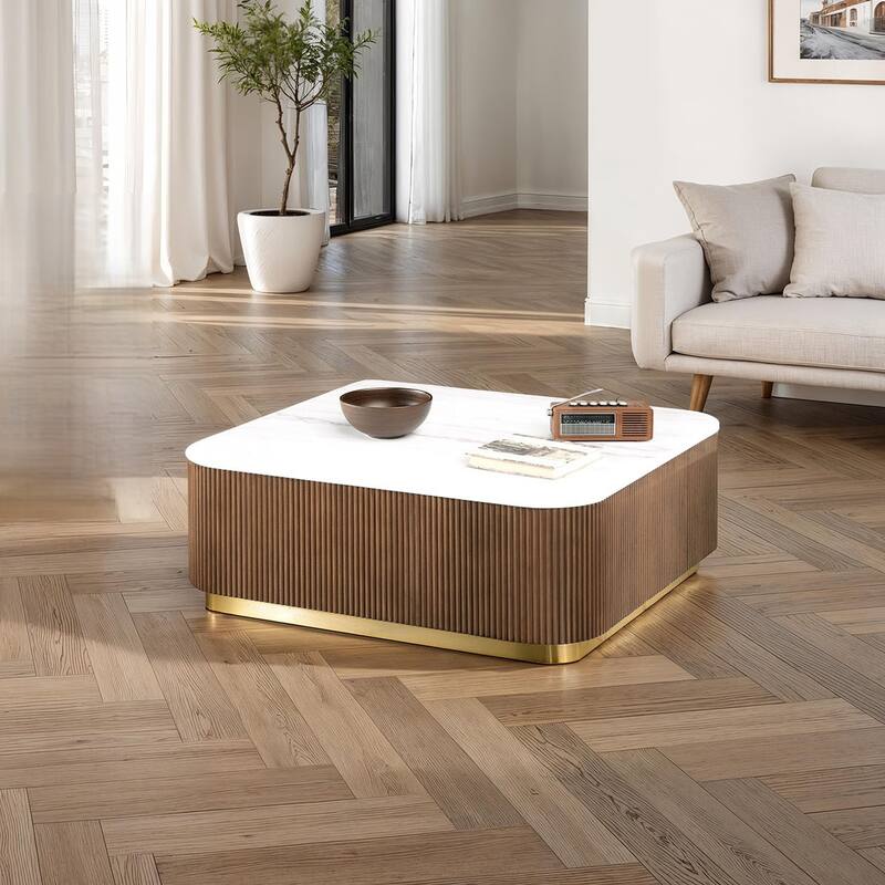 Modern Genuine Marble Top Coffee Table with Accent Gold Stainless Steel Base