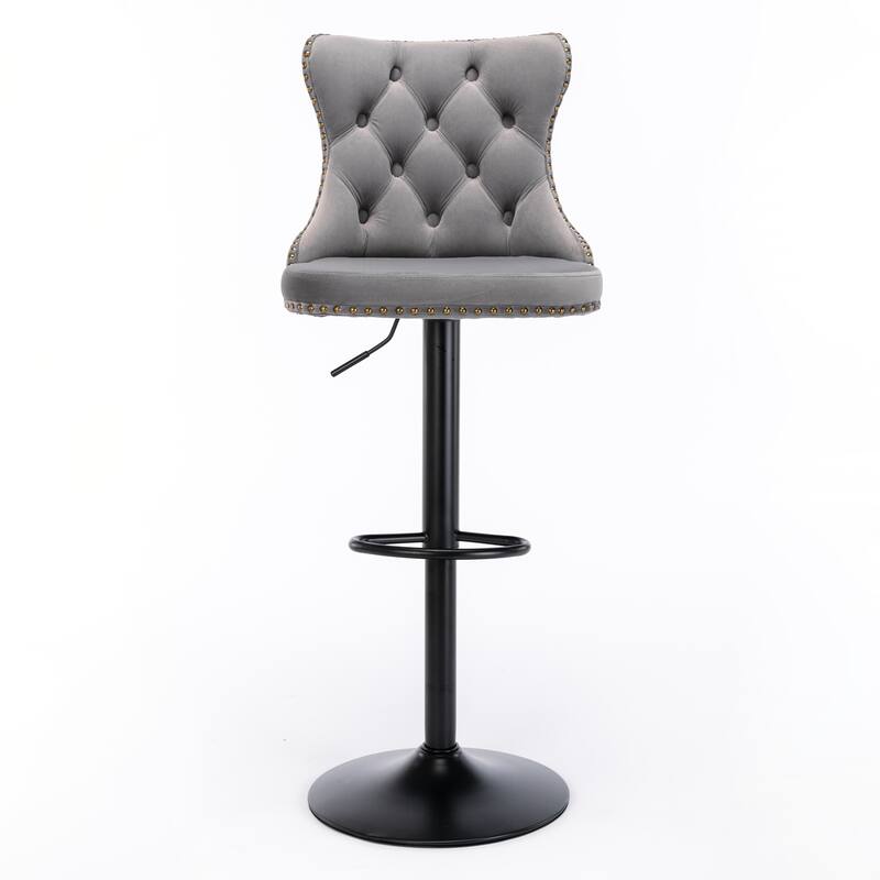 Gray Bar Stools Set of 2, Velvet Swivel Barstools w/ Footrest & Nailhead Trim, Adjustable Armless Upholstered Modern Bar Chairs