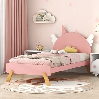 Unicorn Wooden Platform Bed with Headboard - Twin Size, Easy Assembly
