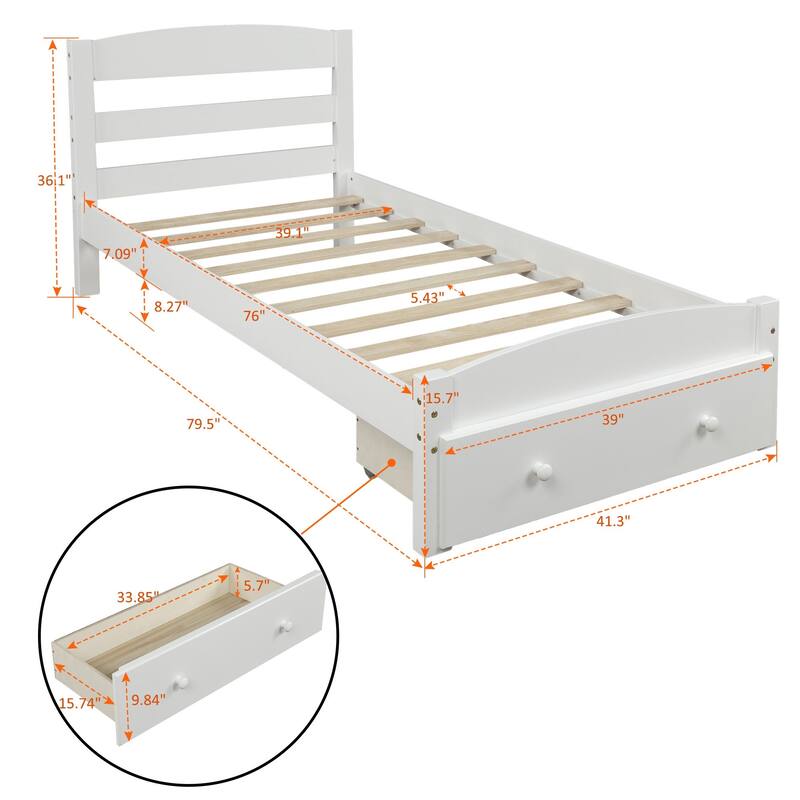 Platform Twin Bed Frame with Storage Drawer and Slat