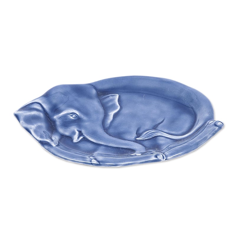 Novica Handmade Elephant At Rest In Blue Celadon Ceramic Plate