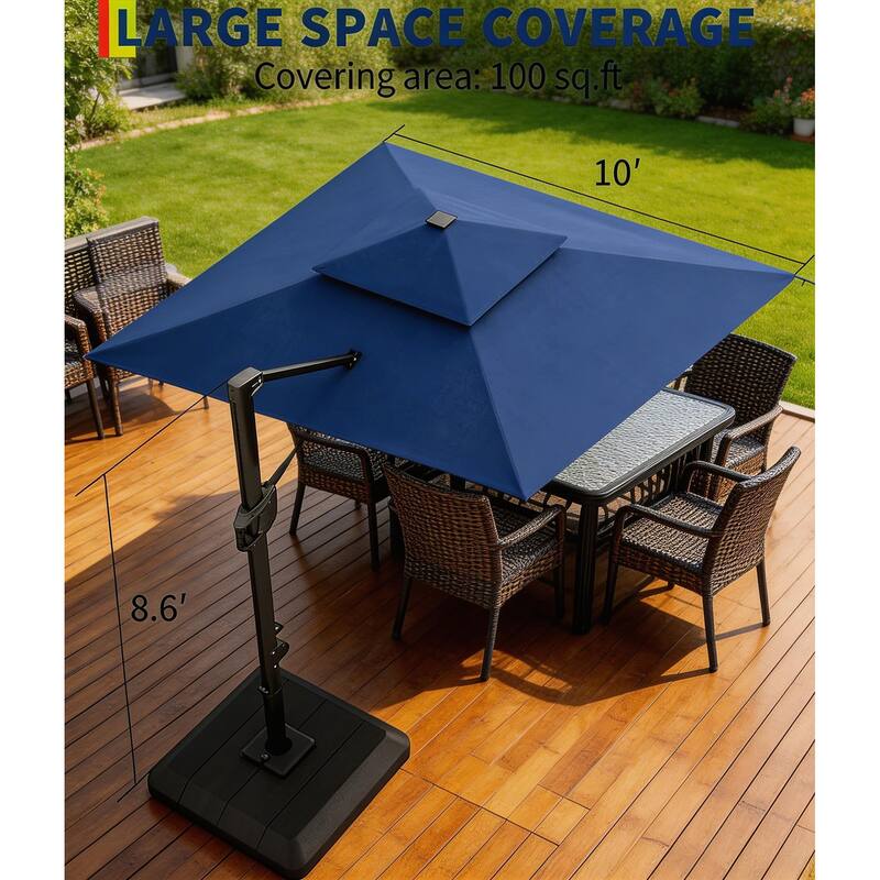 10x10Ft Square Solar LED Cantilever Umbrella , with Weighted Base