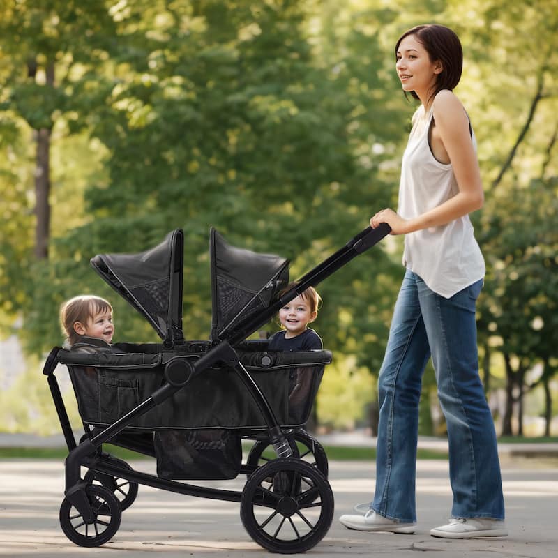 Carbon Steel All-Terrain Stroller Wagon Foldable Twin with Canopy and Tray - 47.2” L x 27.2” W x 42.1” H