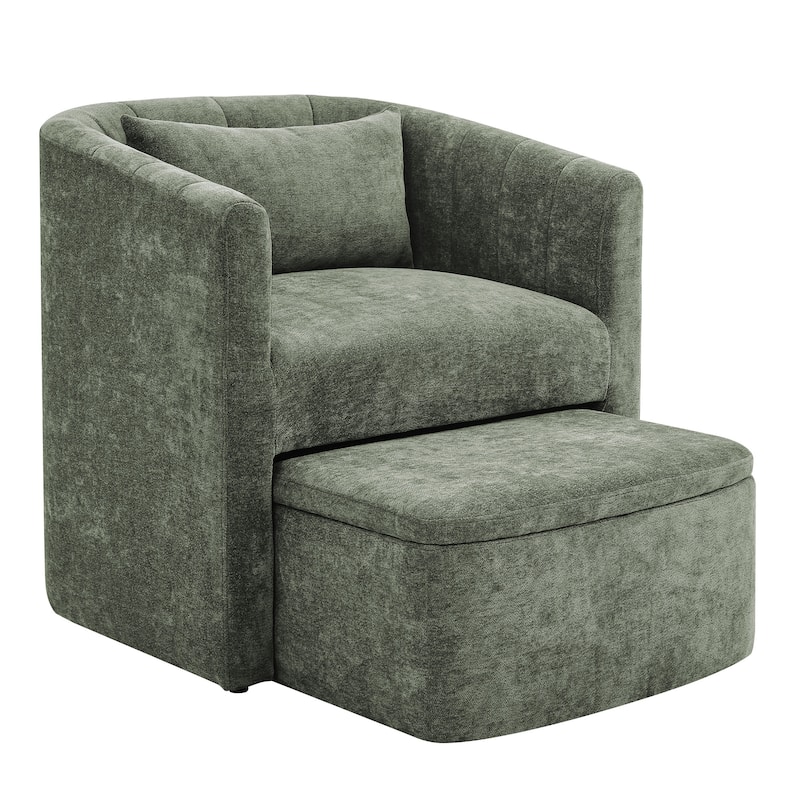 Upholstered Chenille Barrel Accent Chair With Storage Ottoman,Modern Barrel Arm Chair,Reading Chair With Ottoman For Living Room