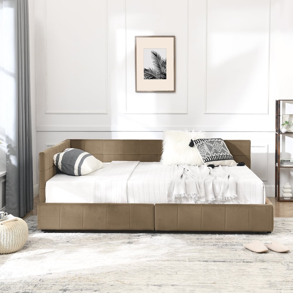 Full Size Upholstered Tufted Bed Frame, Storage Sofa Bed Frame, Velvet Fabric Daybed with 2 Drawers, No Box Spring Needed