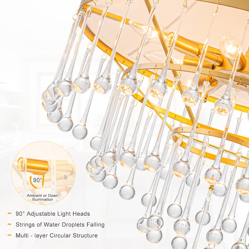 Brushed Gold Crystal Tiered Chandelier with Linen Shade Dining Room - Dia.23.62-in